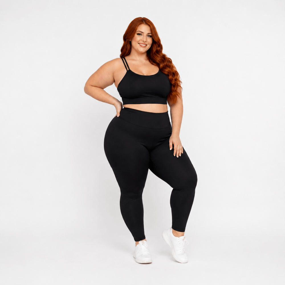 Conjunto Fitness Plus Size Feminino Preto Zero Transparência Cintura Alta Premium