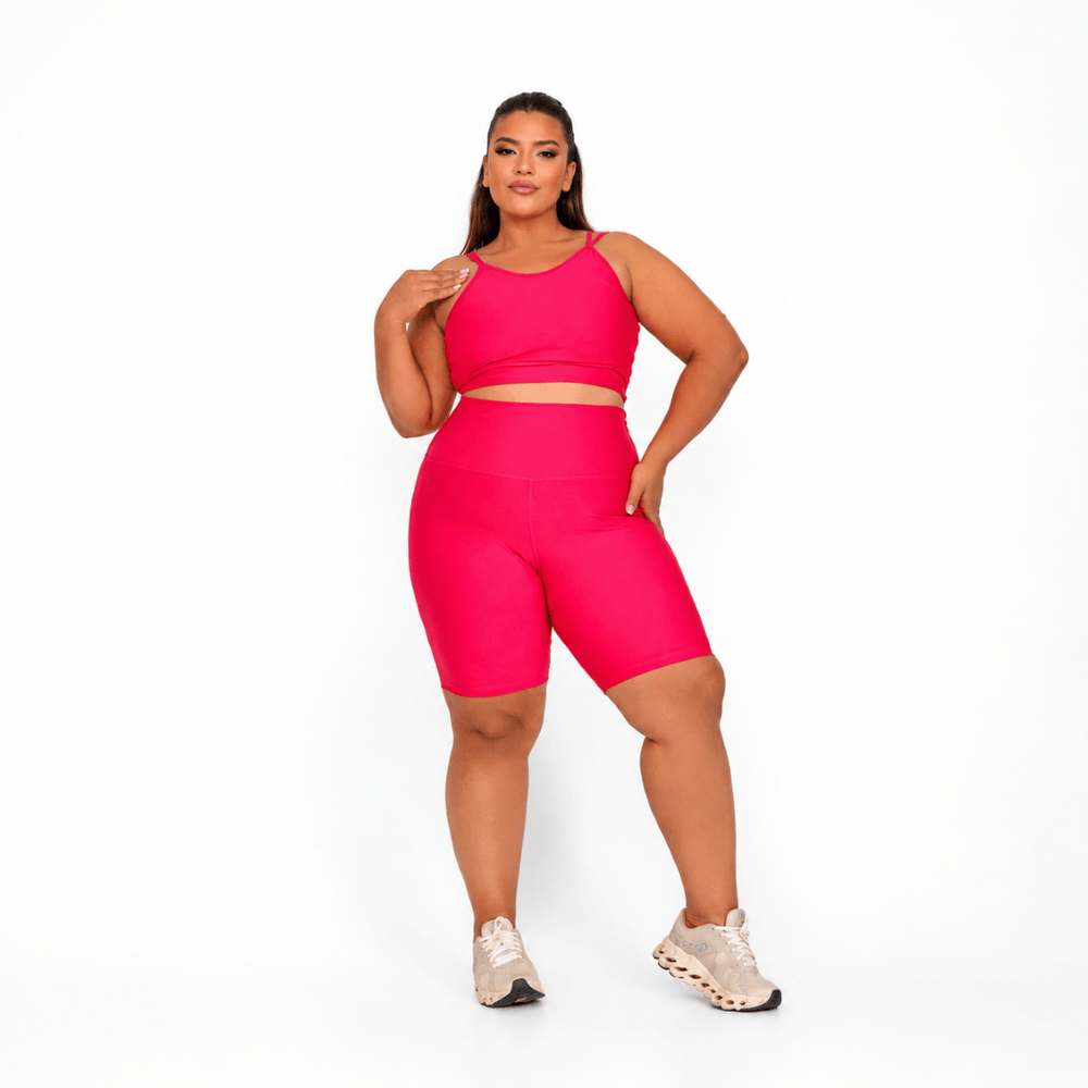 Conjunto Fitness Plus Size Feminino Rosa Pink com Bermuda Cintura Alta Premium