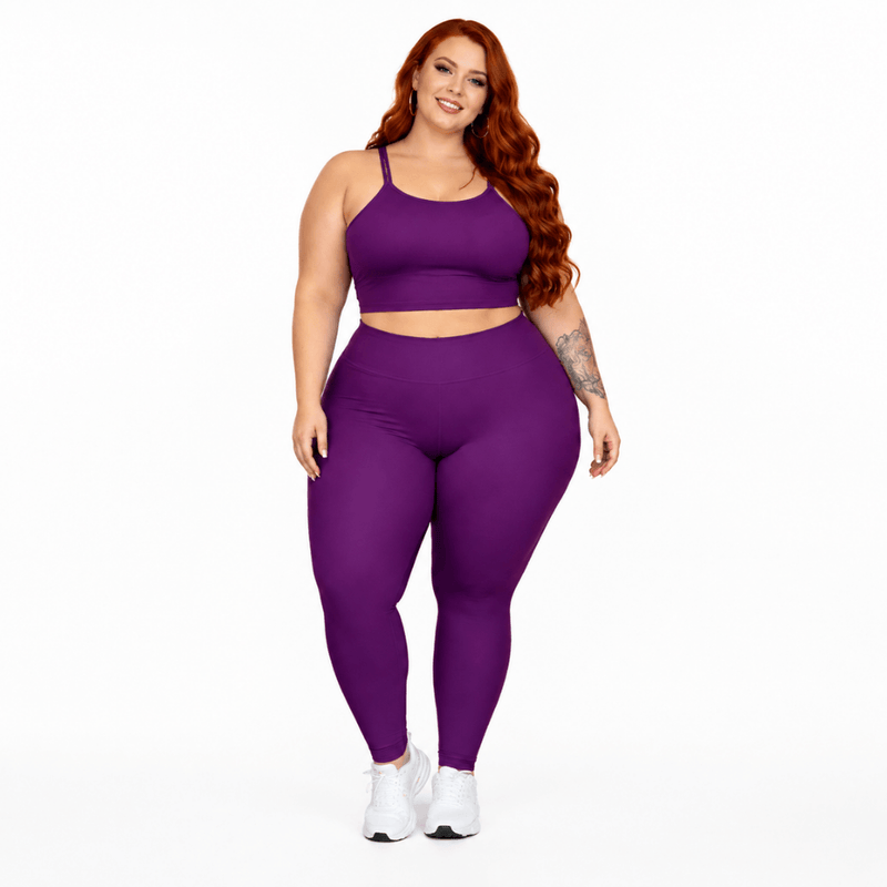 Conjunto Fitness Plus Size Feminino Roxo Zero Transparência Cintura Alta Premium