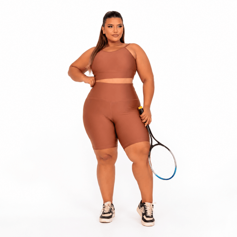 Conjunto Fitness Plus Size Feminino Marrom Terracota com Bermuda Zero Transparência Premium