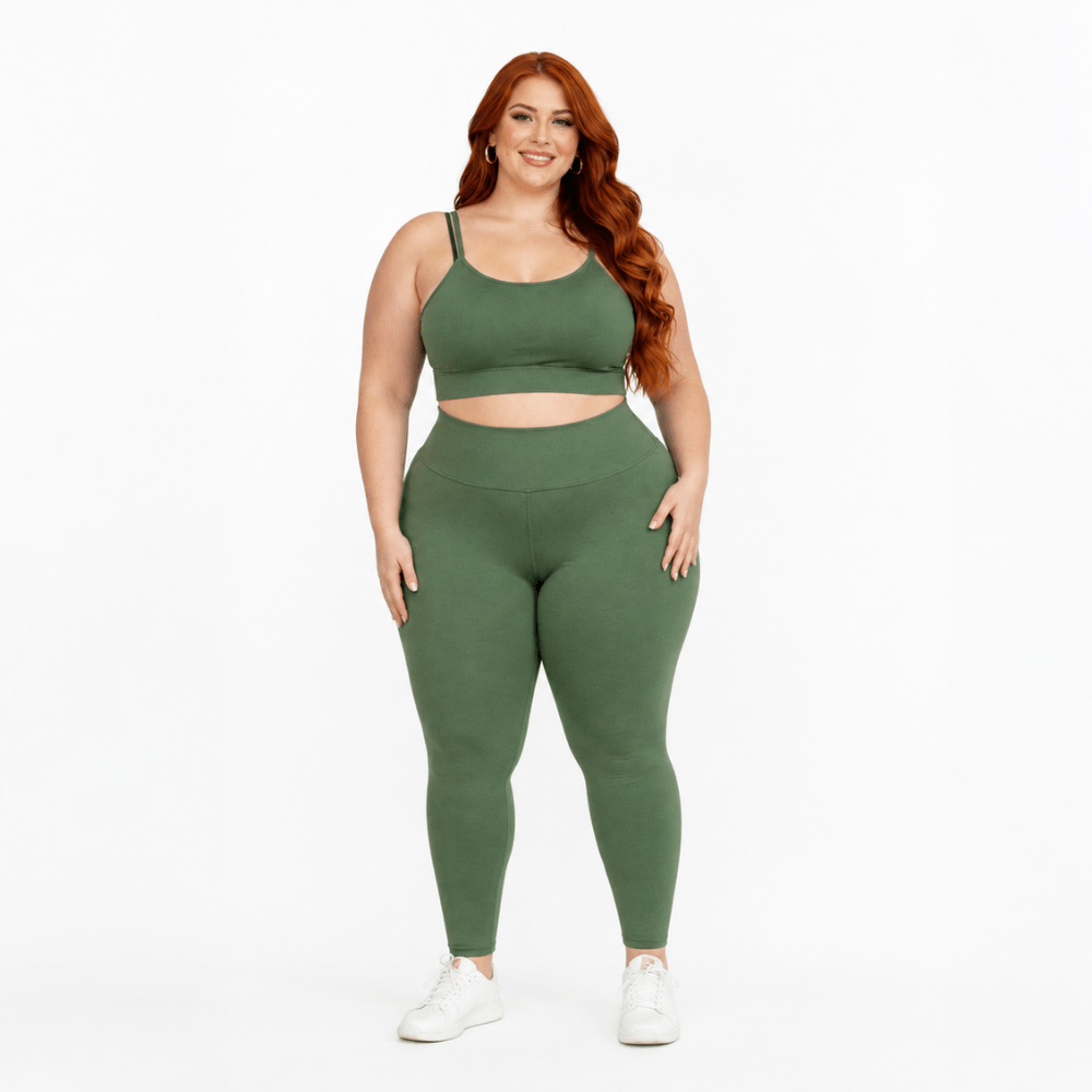 Conjunto Fitness Plus Size Feminino Verde Musgo Zero Transparência Cintura Alta Premium