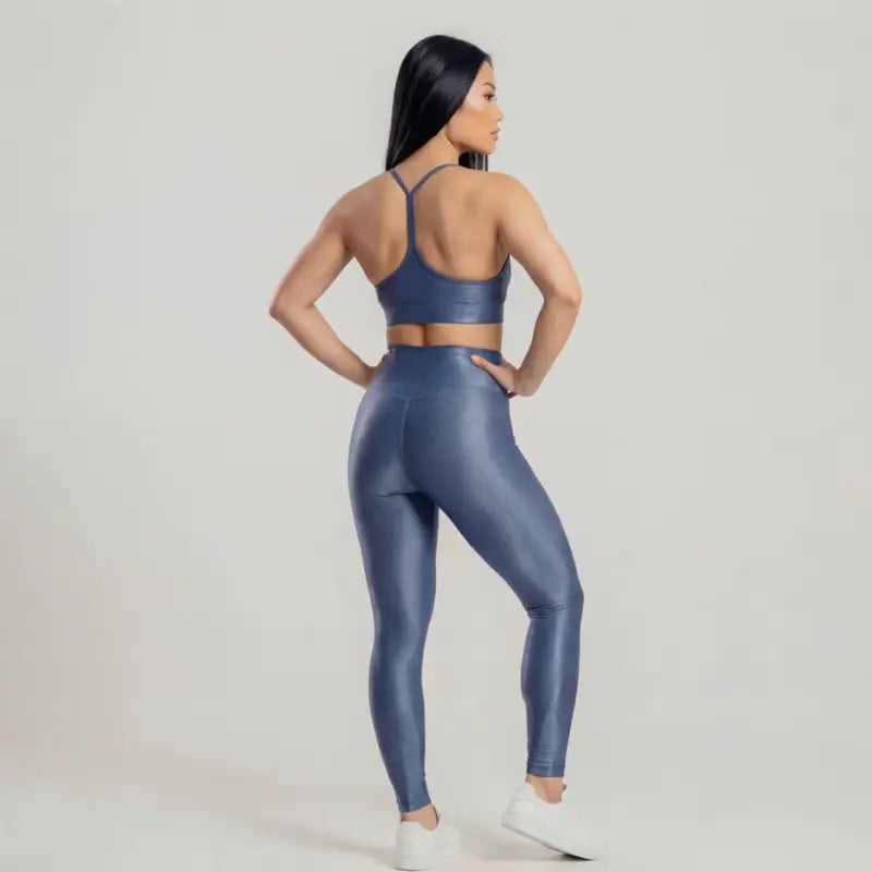 Conjunto Feminino Azul Academia Trilobal Prisma - Top e Legging Canelada Brilho Premium