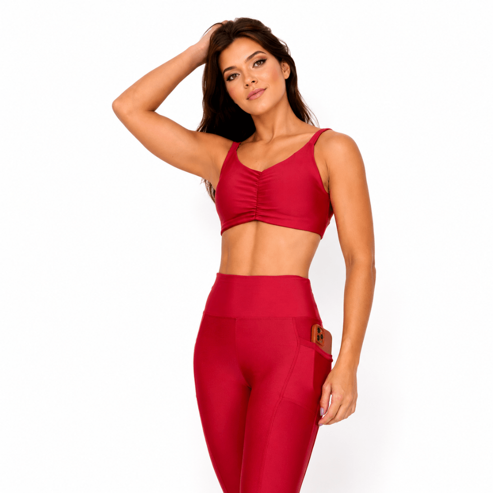 Conjunto Fitness Feminino Vermelho Cereja com Bolso Lateral e Cintura Alta Premium