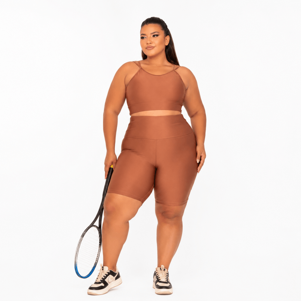 Conjunto Fitness Plus Size Feminino Marrom Terracota com Bermuda Zero Transparência Premium