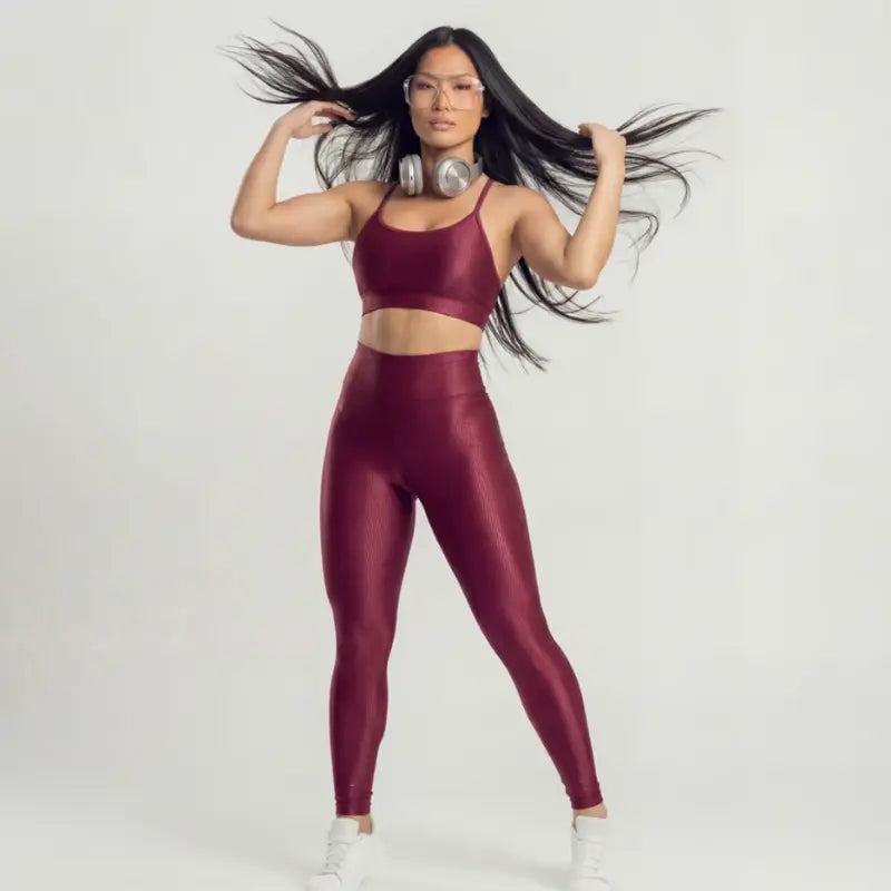 Conjunto Feminino Bordô Academia Trilobal Prisma - Top e Legging Canelada Brilho Premium