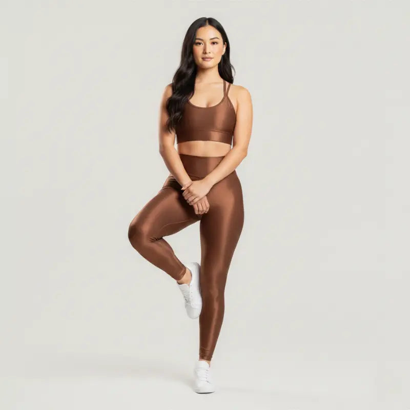 Conjunto Feminino Bronze Academia Trilobal Prisma - Top e Legging Canelada Brilho Premium