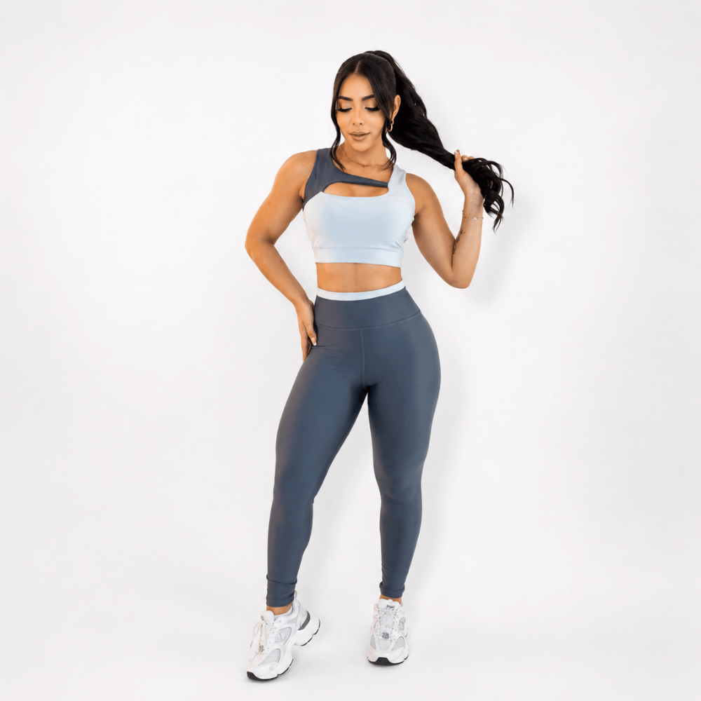 Conjunto Fitness Feminino Cinza e Branco Top e Legging Cintura Alta Premium