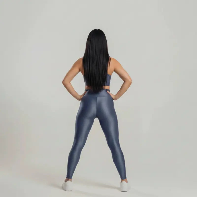 Conjunto Feminino Azul Academia Trilobal Prisma - Top e Legging Canelada Brilho Premium
