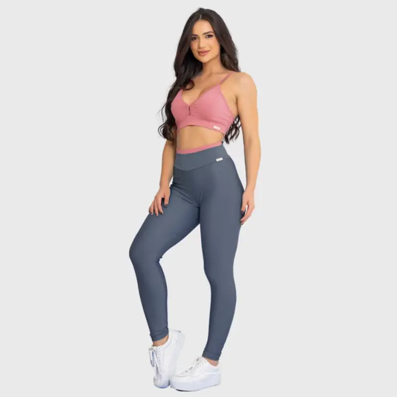 Conjunto Fitness Glow Cinza com Top Rosa - Legging Zero Transparência Slim