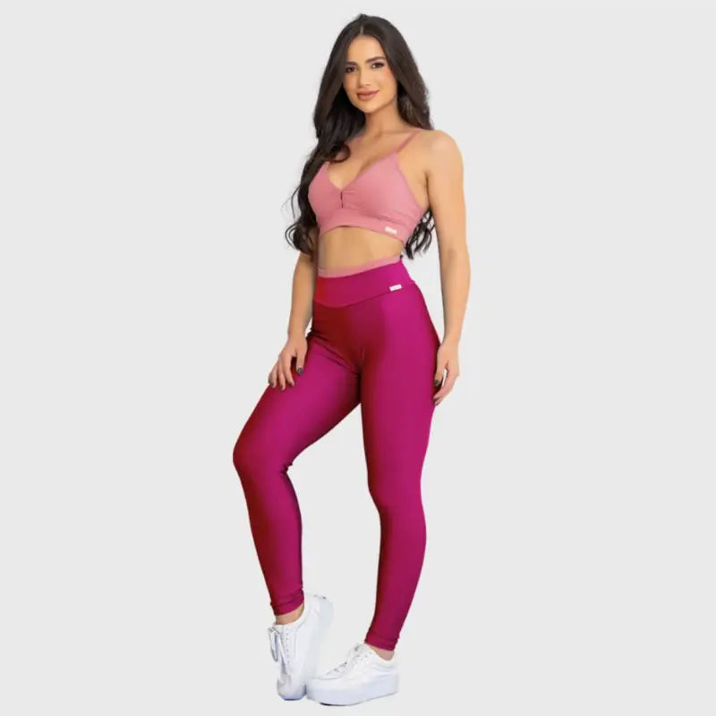 Conjunto Fitness Glow Rosa Pink com Top Rosa - Legging Zero Transparência Slim