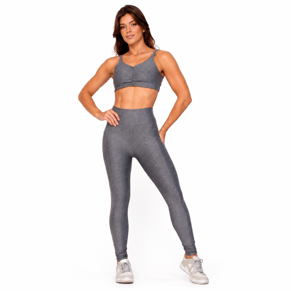 Conjunto Fitness Feminino Cinza Chumbo com Bolso Lateral e Cintura Alta Premium