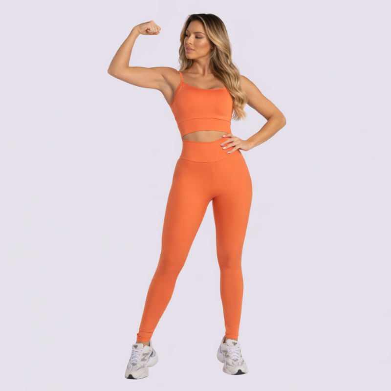 Conjunto Fitness Feminino Laranja Top e Legging Cintura Alta Premium