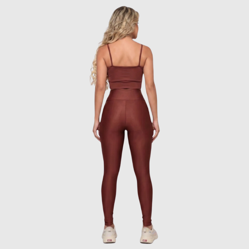 Conjunto Fitness Feminino Marrom Top e Legging Cintura Alta Premium