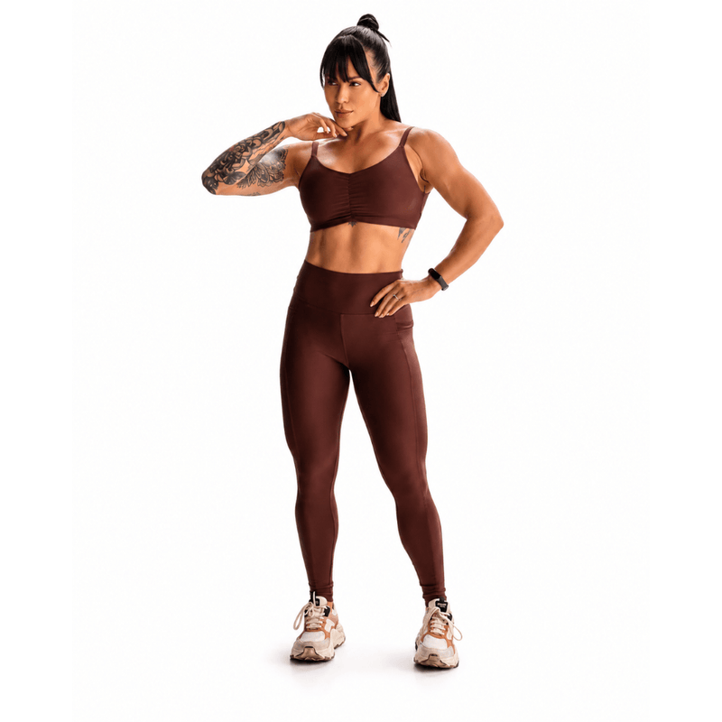 Conjunto Fitness Feminino Marrom Terracota com Bolso Lateral e Cintura Alta Premium