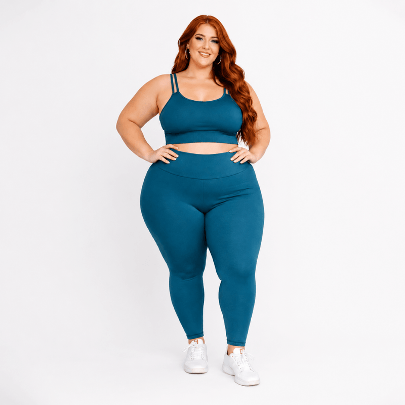 Conjunto Fitness Plus Size Feminino Azul Petróleo Transparência Cintura Alta Premium
