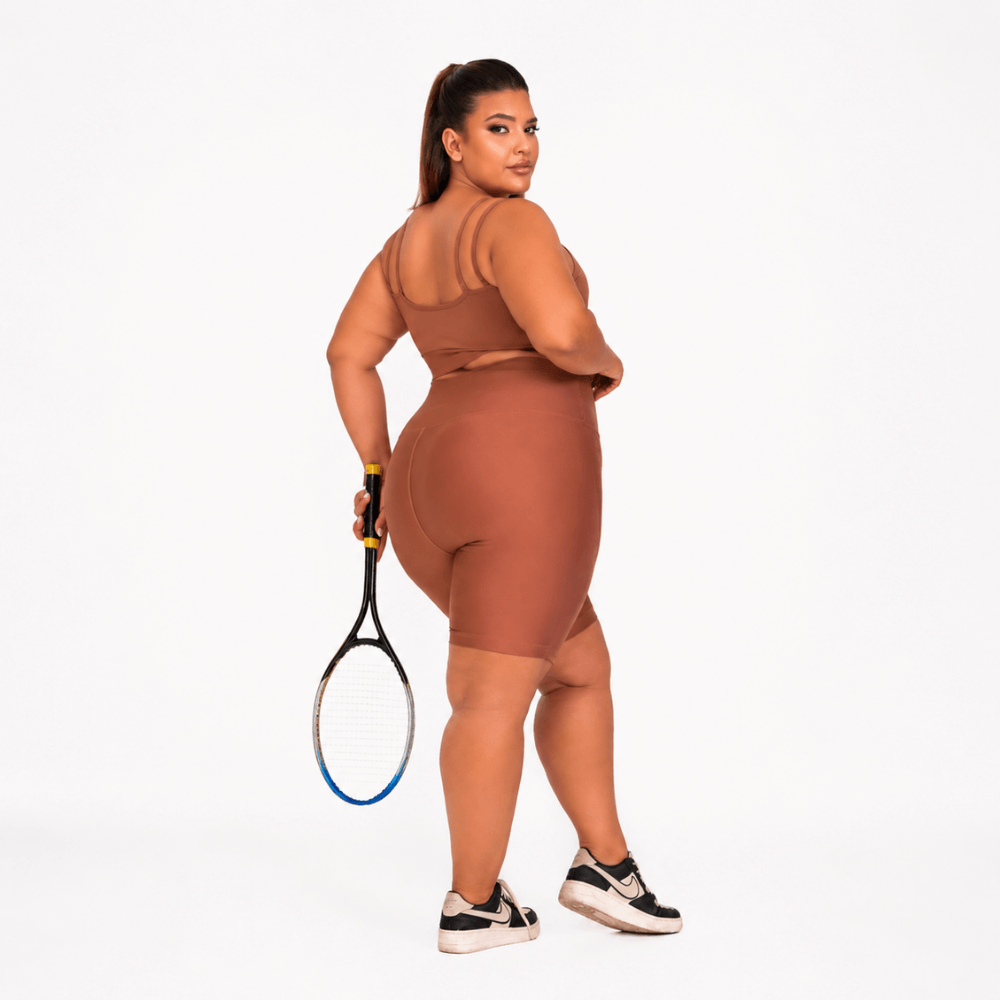 Conjunto Fitness Plus Size Feminino Marrom Terracota com Bermuda Zero Transparência Premium