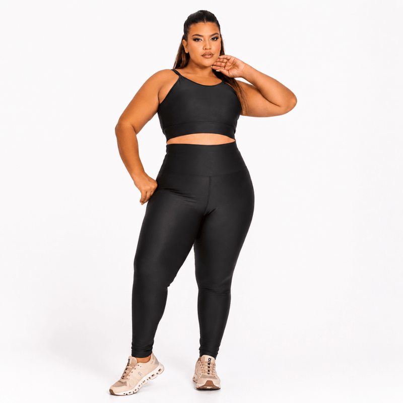 Conjunto Fitness Plus Size Feminino Preto Glow Transparência Cintura Alta Premium