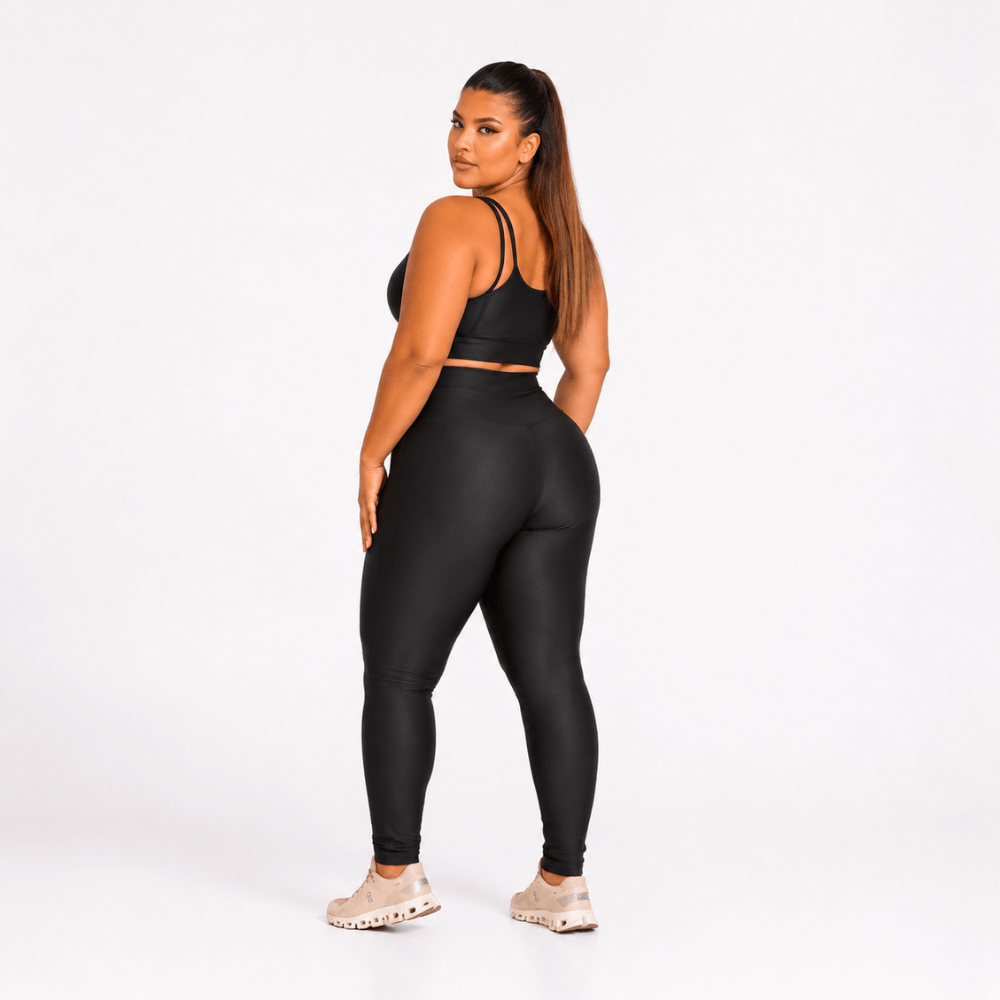 Conjunto Fitness Plus Size Feminino Preto Glow Transparência Cintura Alta Premium
