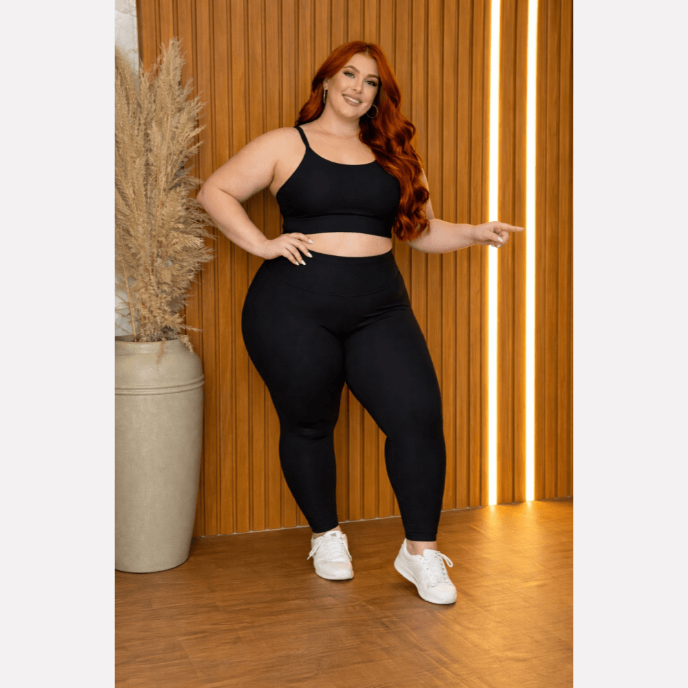 Conjunto Fitness Plus Size Feminino Preto Zero Transparência Cintura Alta Premium