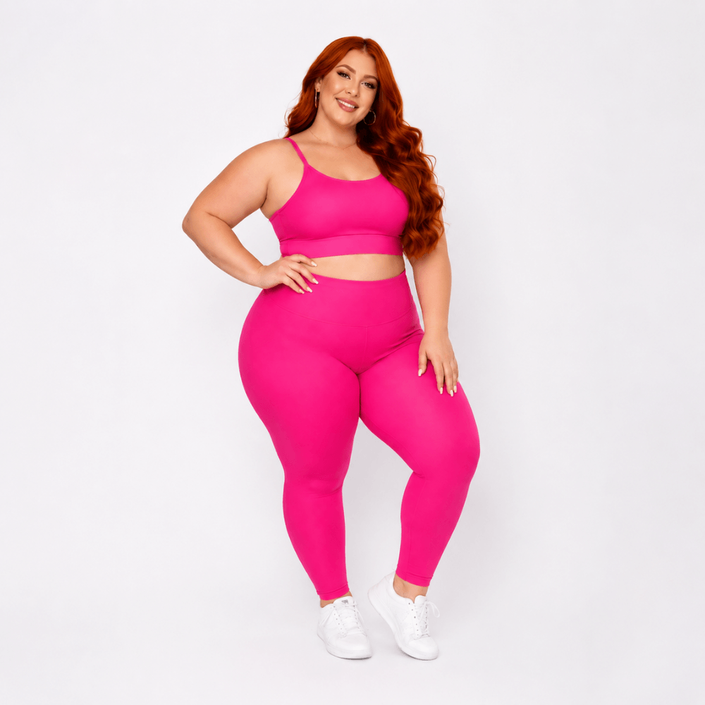Conjunto Fitness Plus Size Feminino Rosa Neon Zero Transparência Cintura Alta Premium