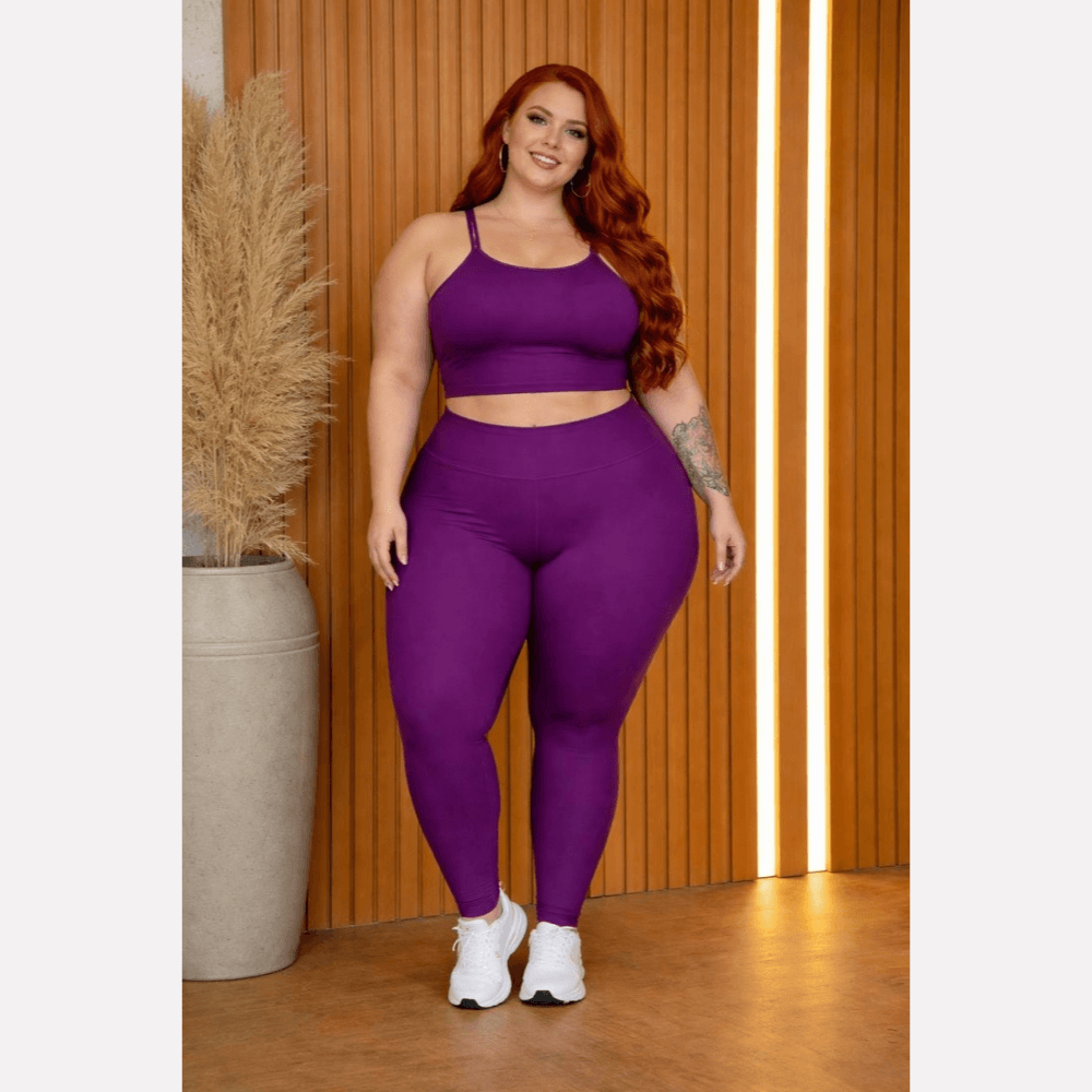 Conjunto Fitness Plus Size Feminino Roxo Zero Transparência Cintura Alta Premium