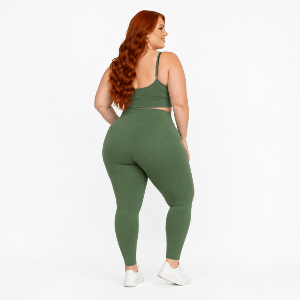 Conjunto Fitness Plus Size Feminino Verde Musgo Zero Transparência Cintura Alta Premium