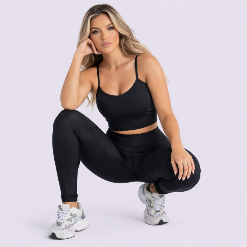 Conjunto Fitness Feminino Preto Top e Legging Cintura Alta Premium