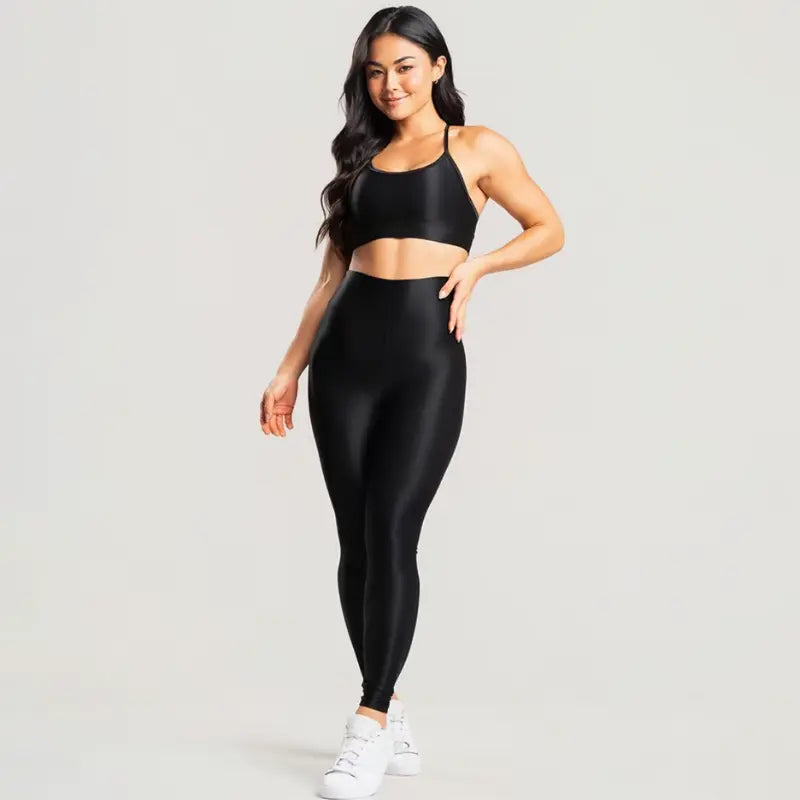 Conjunto Feminino Preto Academia Trilobal Prisma - Top e Legging Canelada Brilho Premium