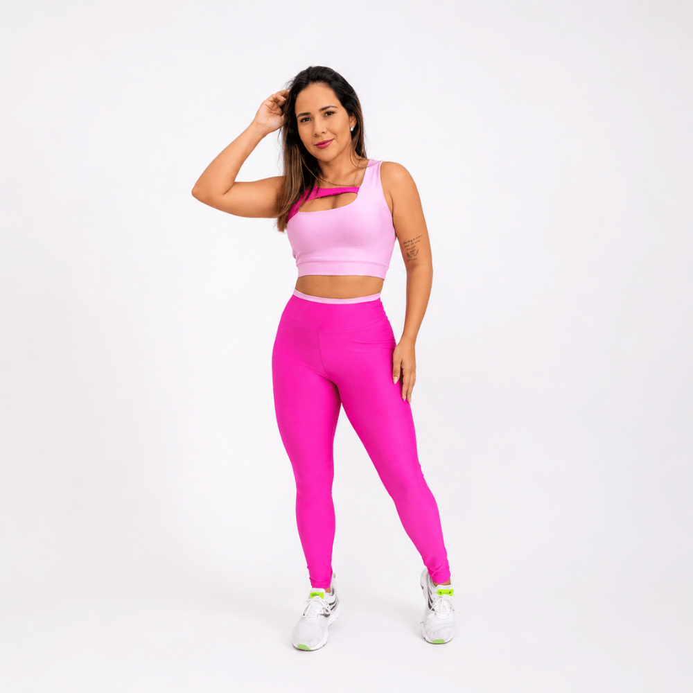 Conjunto Fitness Feminino Rosa Pink e Rosa Claro Top e Legging Cintura Alta Premium