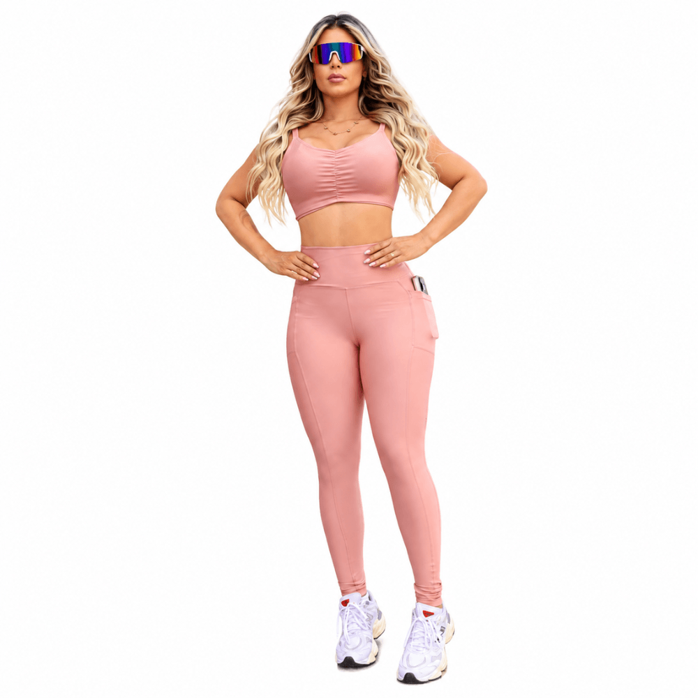 Conjunto Fitness Feminino Rosa Salmão com Bolso Lateral e Cintura Alta Premium