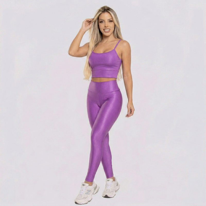 Conjunto Fitness Feminino Roxo Top e Legging Cintura Alta Premium