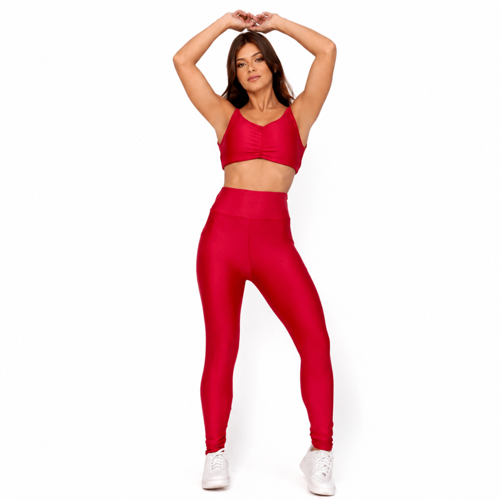 Conjunto Fitness Feminino Vermelho Cereja com Bolso Lateral e Cintura Alta Premium