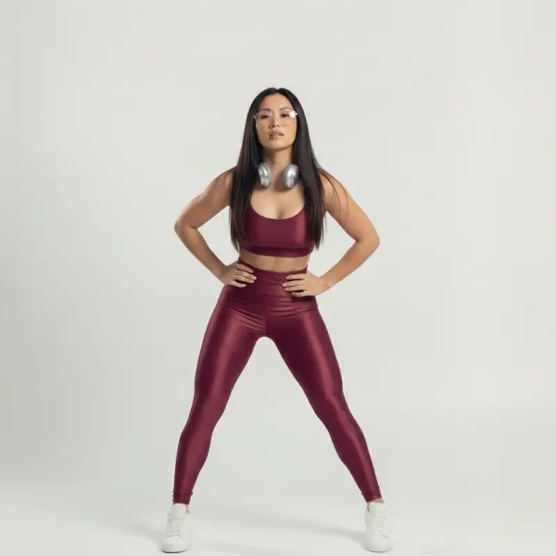 Conjunto Feminino Bordô Academia Trilobal Prisma - Top e Legging Canelada Brilho Premium