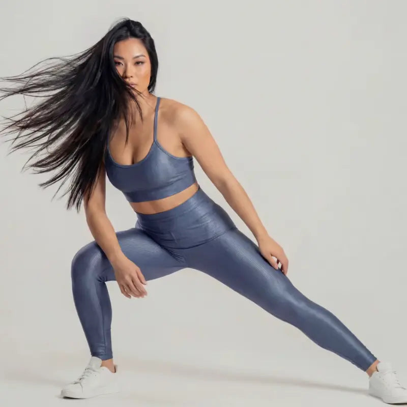 Conjunto Feminino Azul Academia Trilobal Prisma - Top e Legging Canelada Brilho Premium