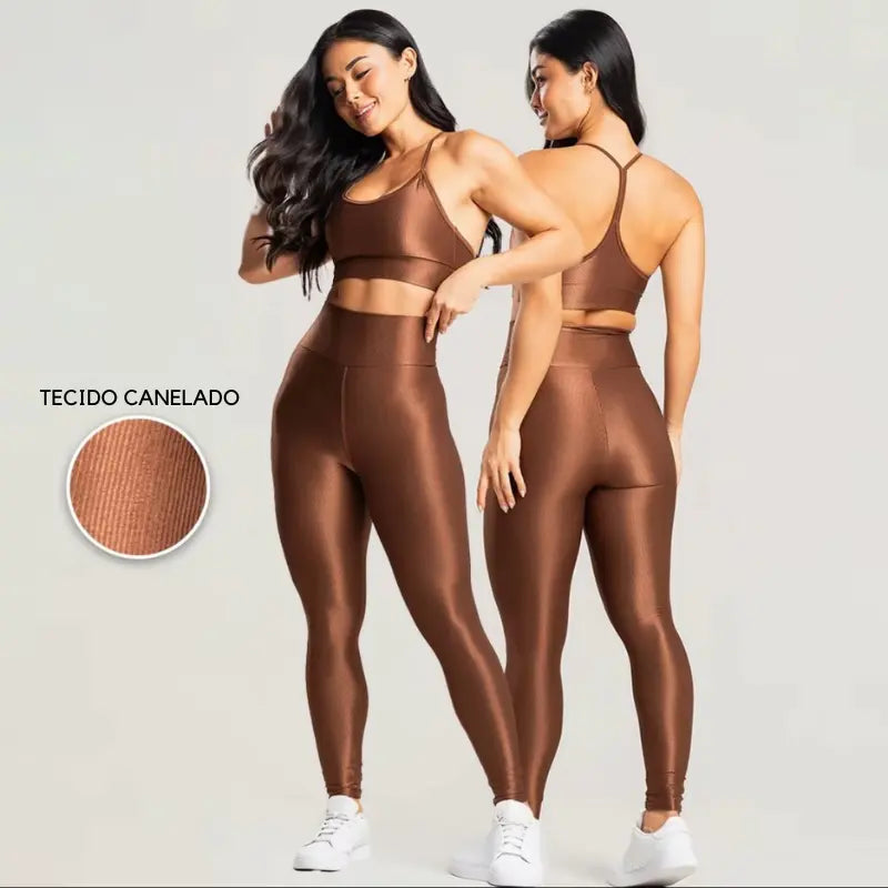 Conjunto Feminino Bronze Academia Trilobal Prisma - Top e Legging Canelada Brilho Premium