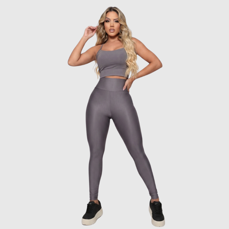 Conjunto Fitness Feminino Cinza Top e Legging Cintura Alta Premium