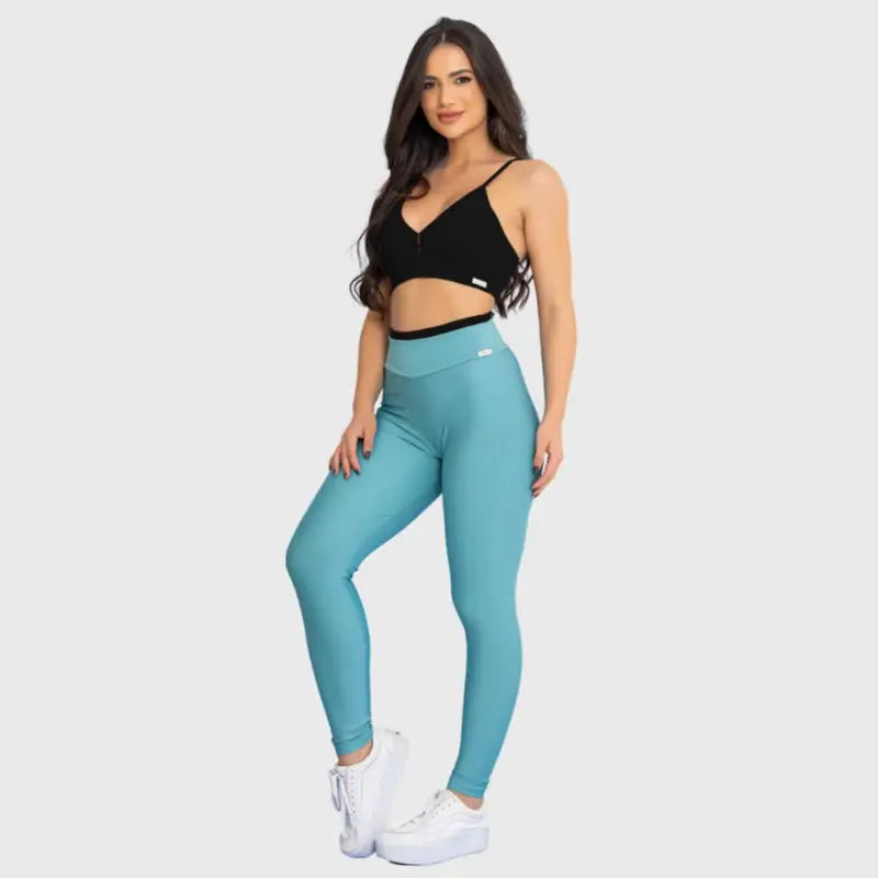 Conjunto Fitness Glow Azul Claro com Top Preto - Legging Zero Transparência Slim