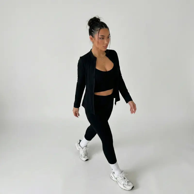 Conjunto Fitness Feminino 3 Peças com Jaqueta Modelador Premium
