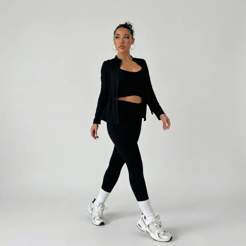Conjunto Fitness Feminino 3 Peças com Jaqueta Modelador Premium