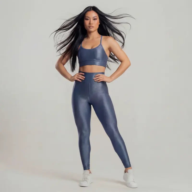 Conjunto Feminino Azul Academia Trilobal Prisma - Top e Legging Canelada Brilho Premium
