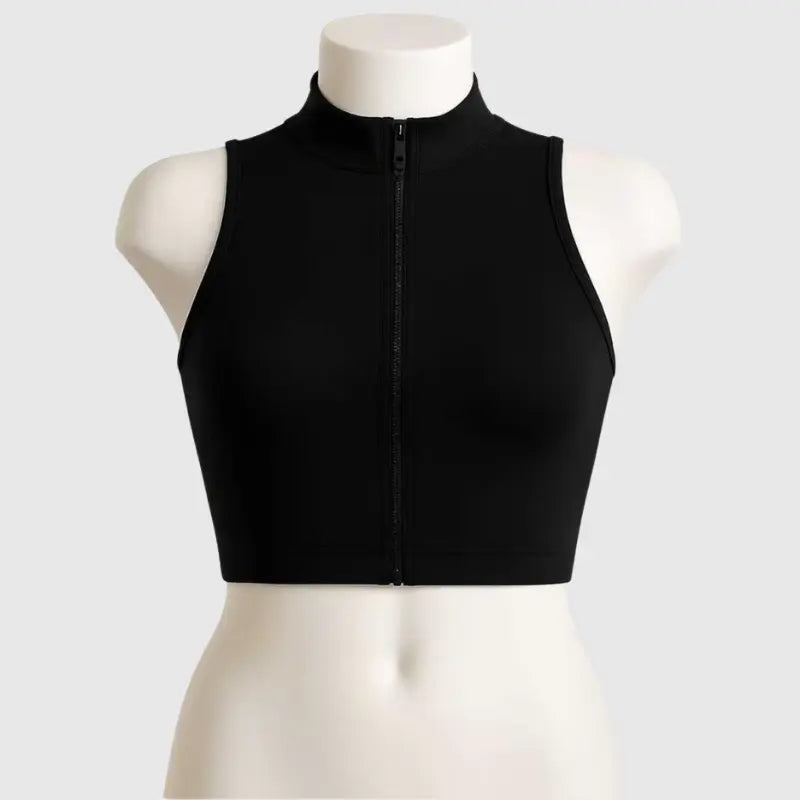 Colete Fitness Feminino Cropped Preto com Zíper Frontal | Modelador Premium Não Transparente