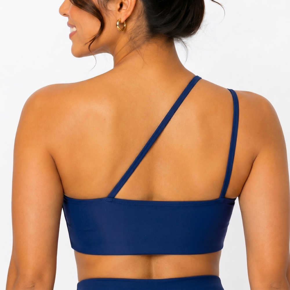 Top Fitness Nula Manga Azul Marinho Glow Um Ombro Só - Com Compressão e Proteção UV