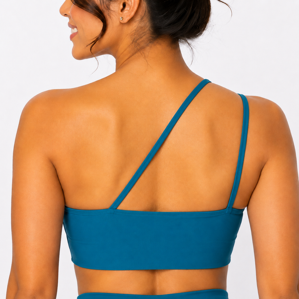 Top Fitness Nula Manga Azul Petróleo Glow Um Ombro Só - Com Compressão e Proteção UV