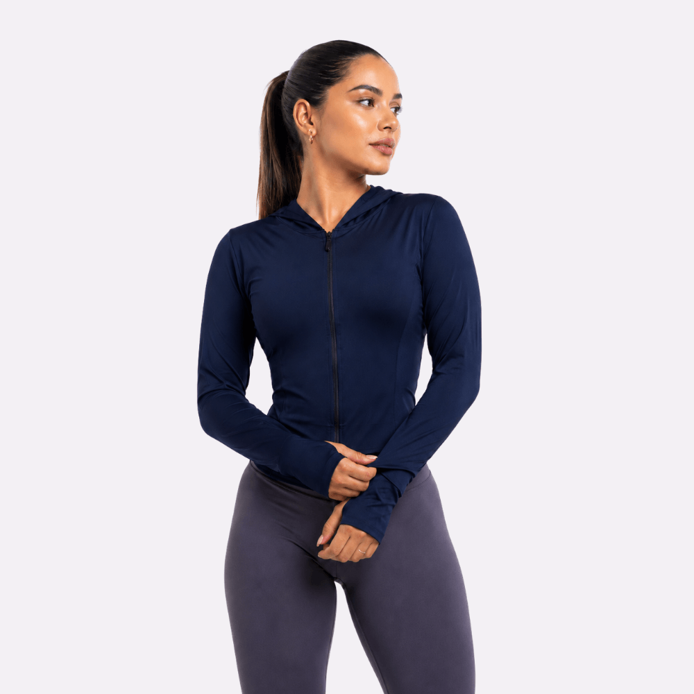 Jaqueta Fitness Feminina com Capuz Manga Longa Dry Fit Zíper Preta