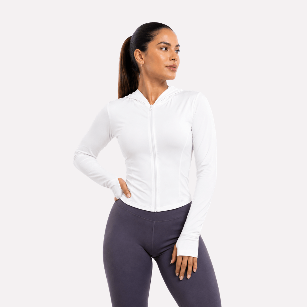 Jaqueta Fitness Feminina com Capuz Manga Longa Dry Fit Zíper Branca