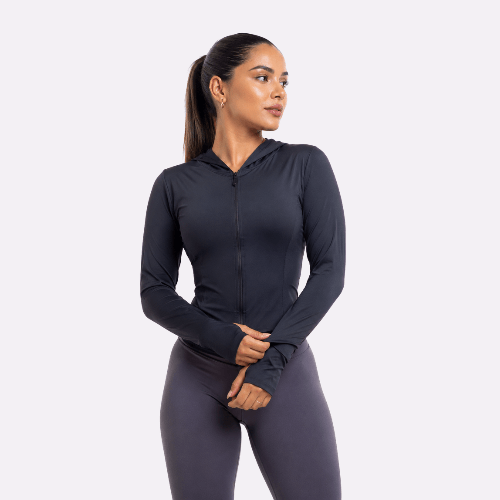 Jaqueta Fitness Feminina com Capuz Manga Longa Dry Fit Zíper Preta