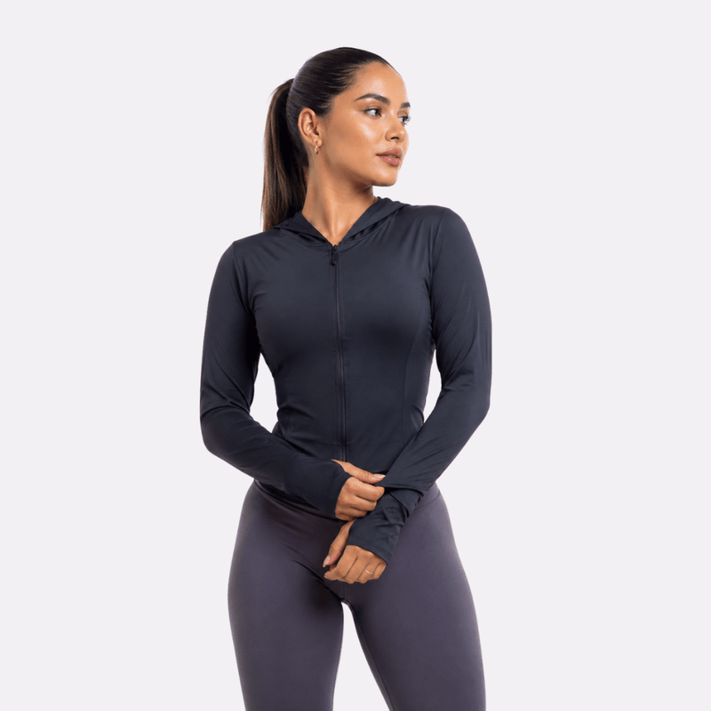 Jaqueta Fitness Feminina com Capuz Manga Longa Dry Fit Zíper Preta