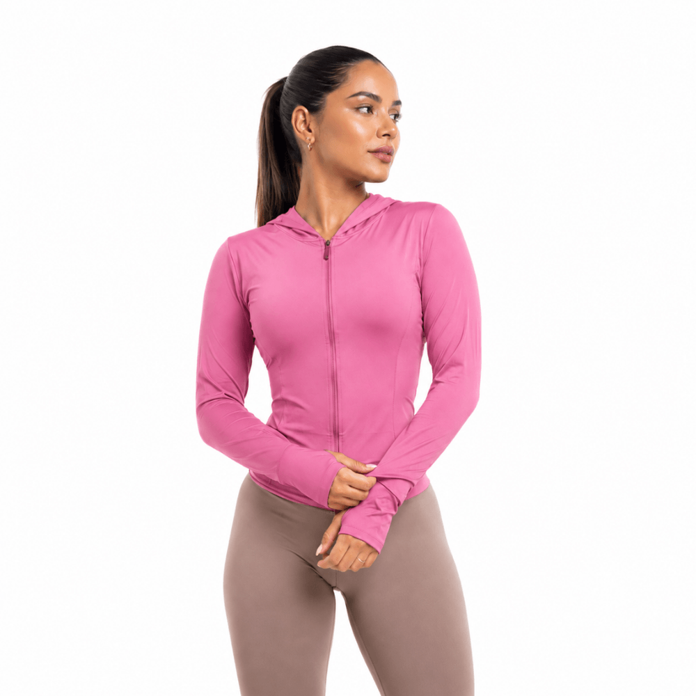 Jaqueta Fitness Feminina com Capuz Manga Longa Dry Fit Zíper Rosa
