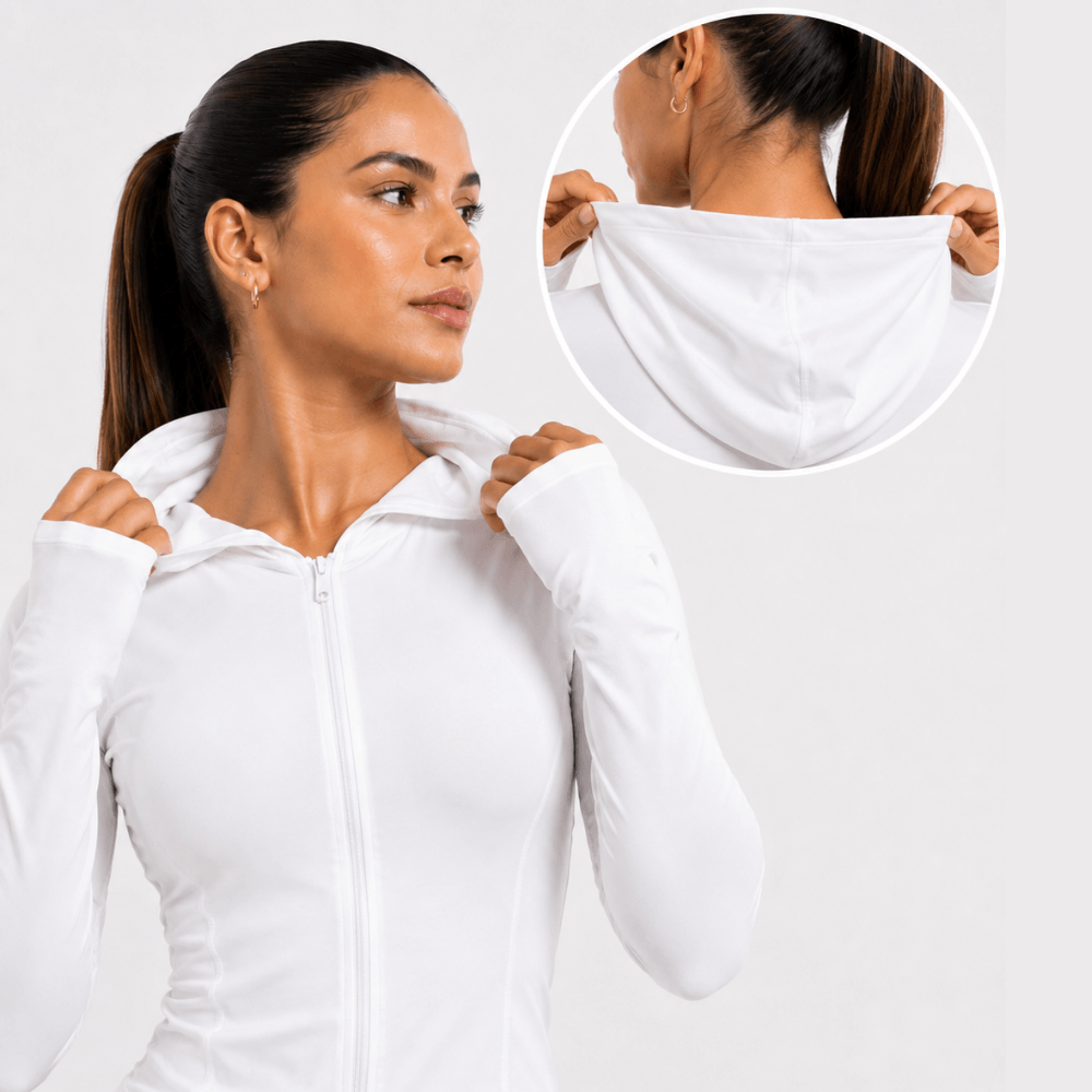 Jaqueta Fitness Feminina com Capuz Manga Longa Dry Fit Zíper Branca