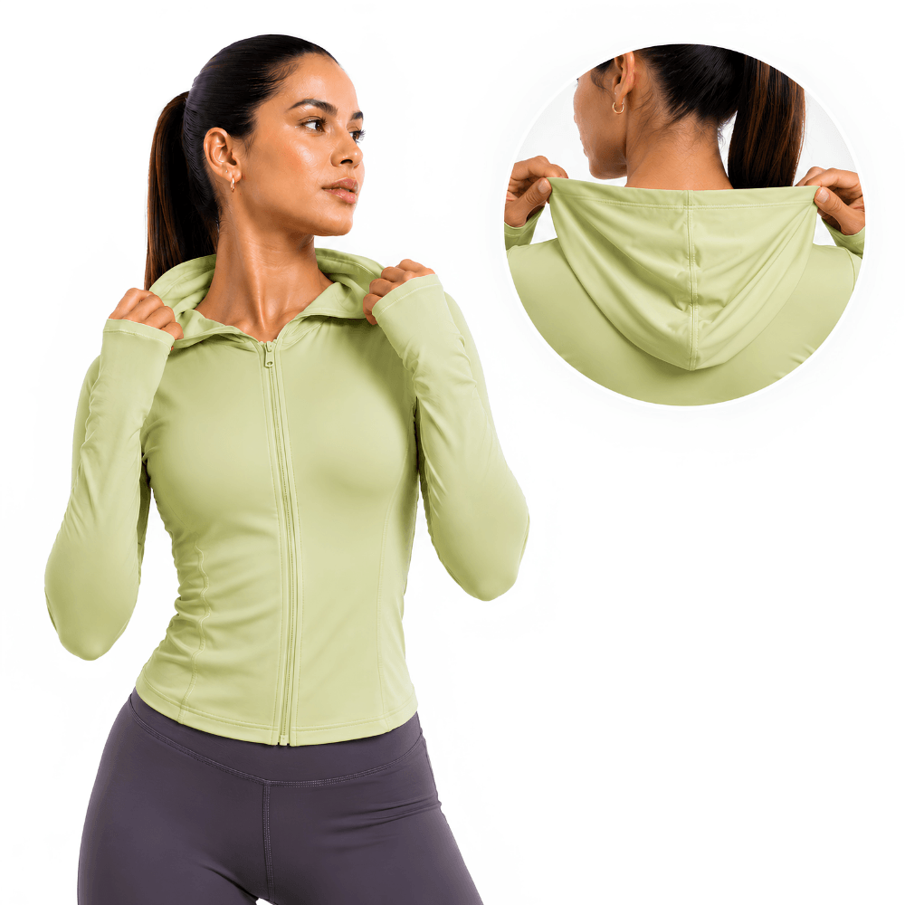 Jaqueta Fitness Feminina com Capuz Manga Longa Dry Fit Zíper Verde Claro